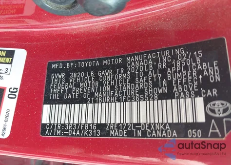 2015 Toyota Corolla Le из США, поврежденный, VIN 2T1BURHE1FC365528